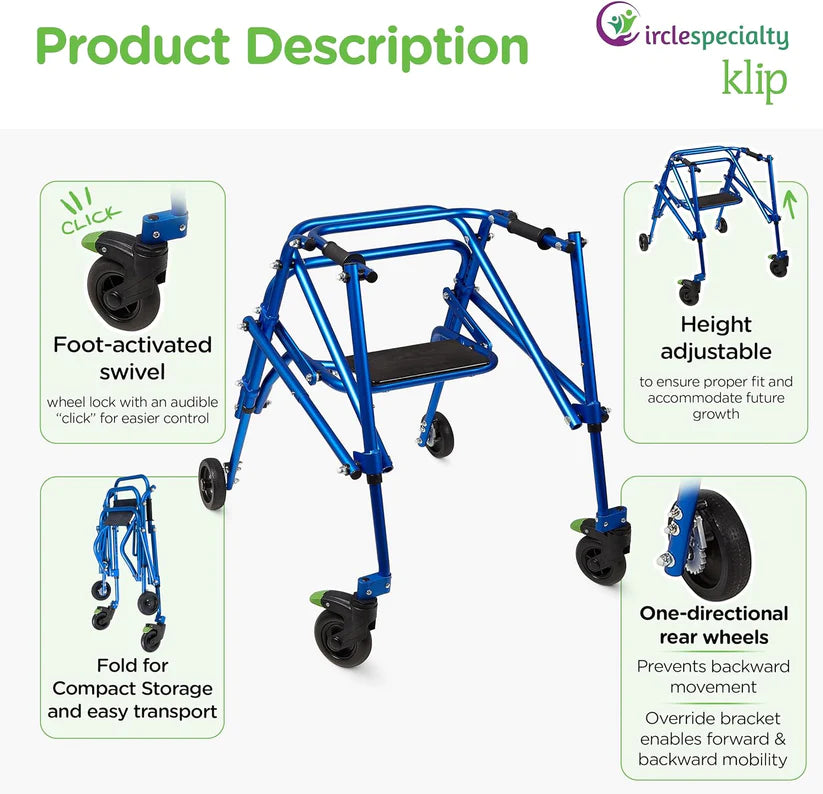 Klip 4-Wheel With Flip-Up Seat posterior Pediatric Walker (KP510-20-30-40) By Circle
