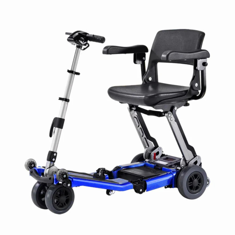 Free Rider USA Luggie Elite foldable mobility scooter with black seat and blue frame