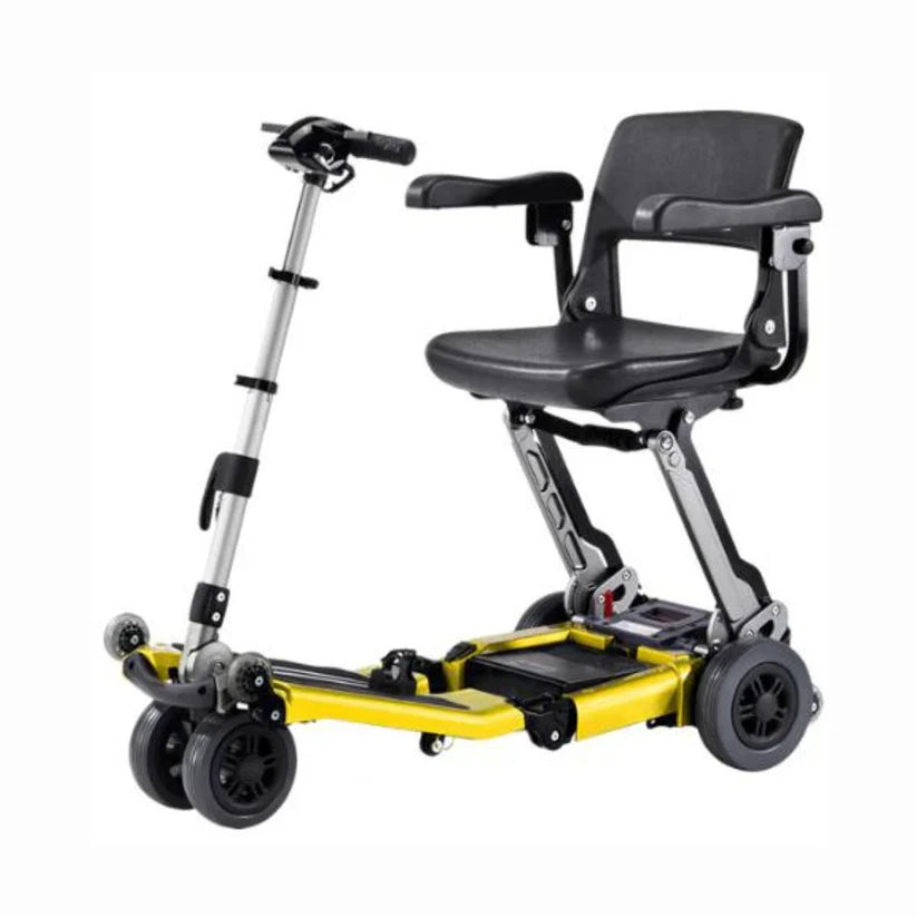 Free Rider USA Luggie Elite yellow foldable mobility scooter with black seat and armrests