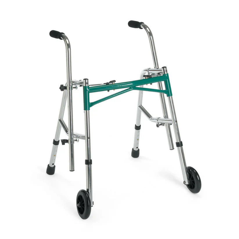Medline Folding Two-Wheel Walker with silver frame black front wheels and green folding support bar