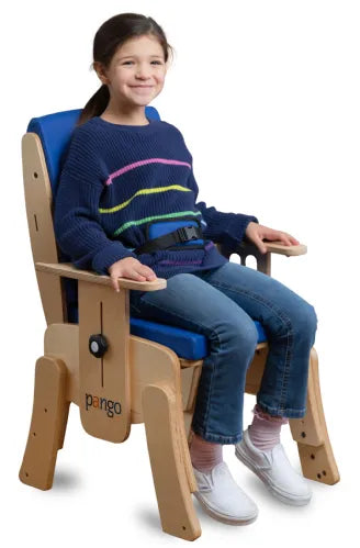 Child sitting comfortably in blue Pango Activity Classroom Chair by Circle Specialty with supportive wooden frame