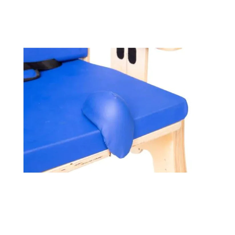 Blue cushioned seat detail of Pango Activity Classroom Chair by Circle Specialty with wooden frame