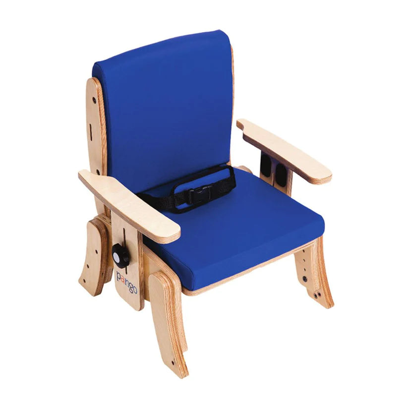 Circle Specialty Pango Activity Classroom Chair with blue padded seat and wooden frame with armrests