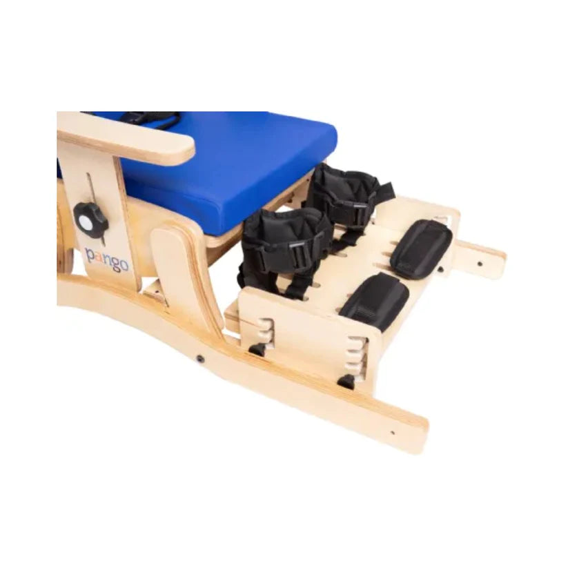 Circle Specialty Pango Activity Classroom Chair with blue cushioned seat and adjustable footrest straps