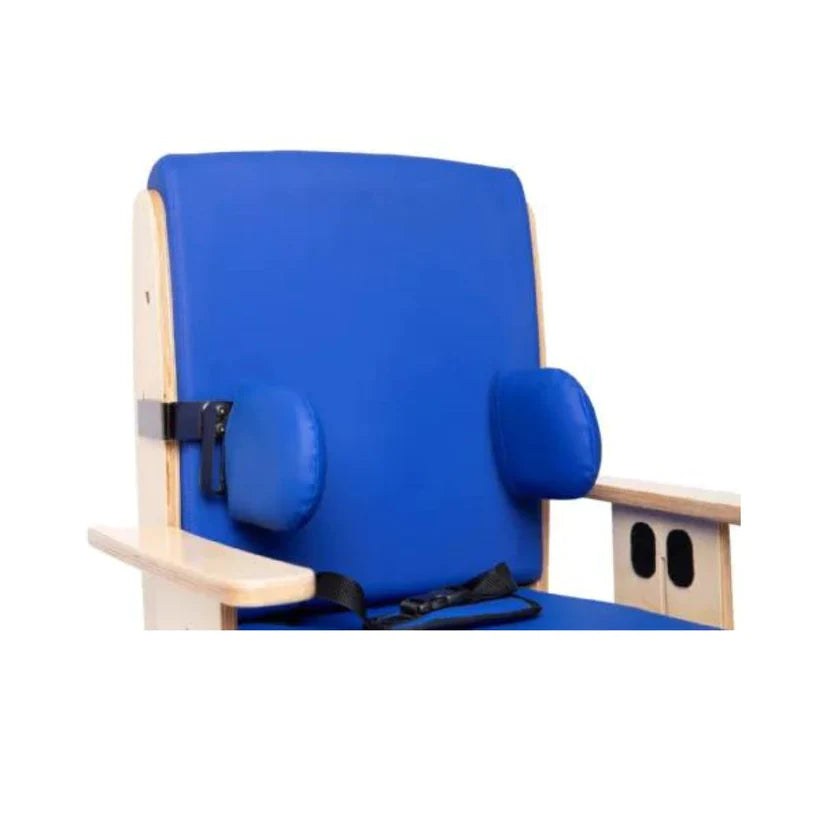 Blue padded Pango Activity Classroom Chair with wooden armrests and supportive side cushions