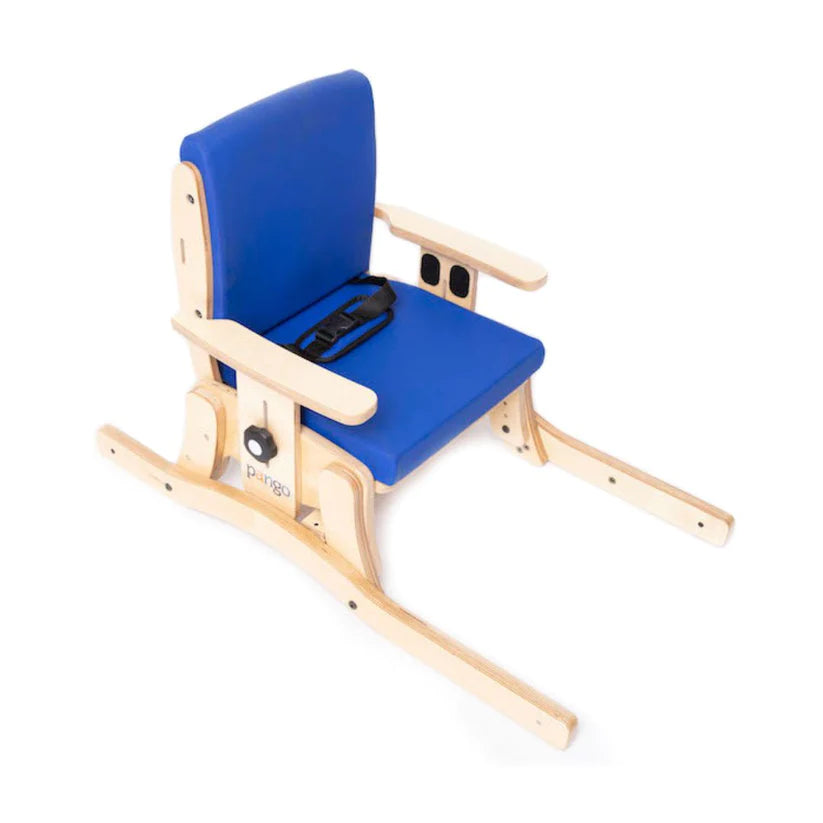 Circle Specialty Pango Activity Classroom Chair with blue cushioned seat and wooden frame