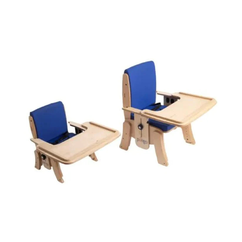 Circle Specialty Pango Activity Classroom Chair in two sizes with blue cushions and wooden trays