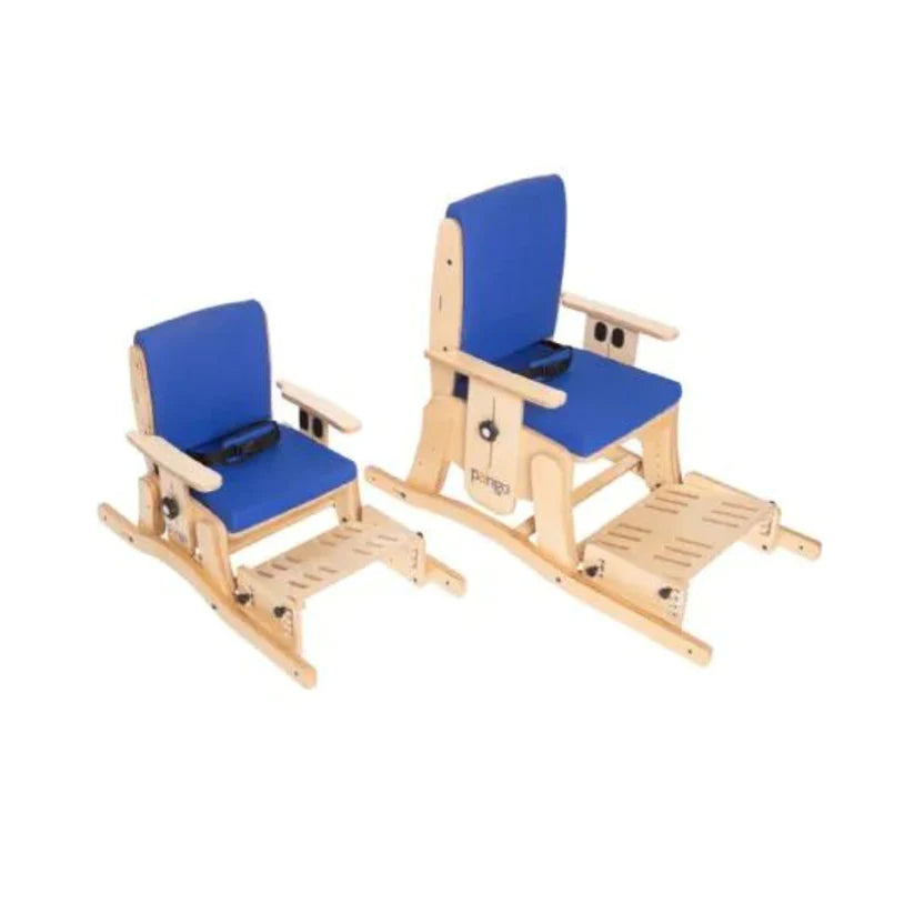 Pango Activity Classroom Chair by Circle Specialty in two sizes with blue cushions and wooden frames
