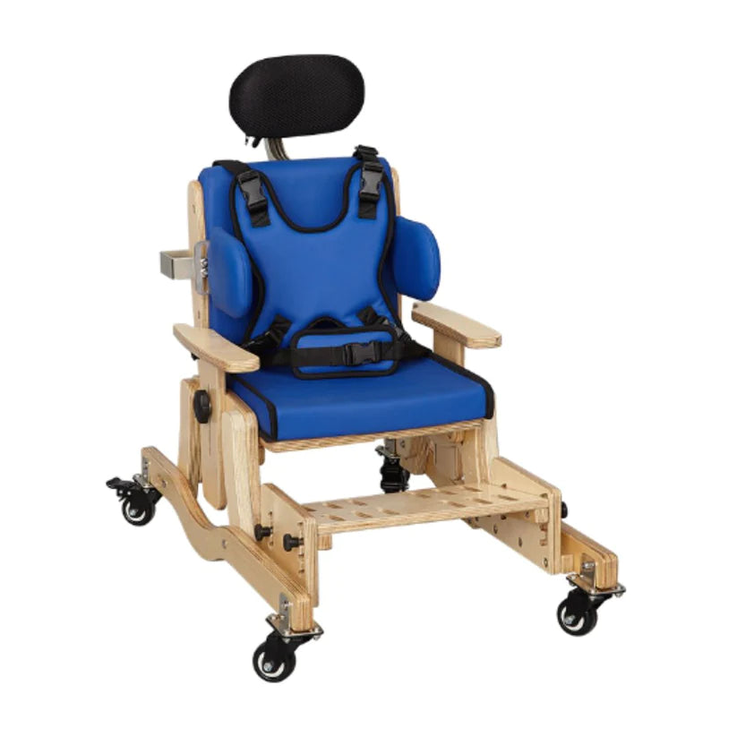 Circle Specialty Pango Activity Classroom Chair with blue cushioned seat and adjustable wooden frame on wheels