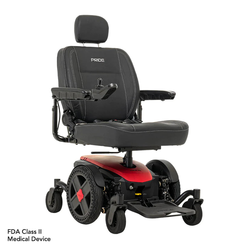 Pride Jazzy EVO 614 Power Chair in black and red with adjustable armrests and comfortable seating