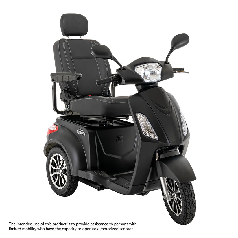 Pride Mobility Baja Raptor 2 black mobility scooter with comfortable seat and rearview mirrors