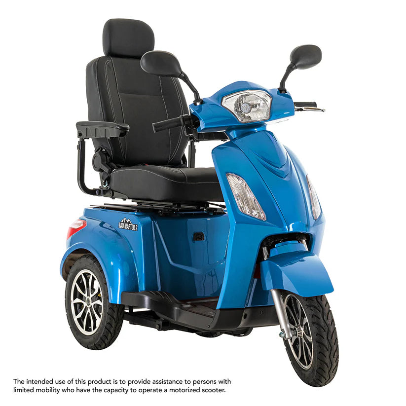 Pride Mobility Baja Raptor 2 blue mobility scooter with padded black seat and rearview mirrors