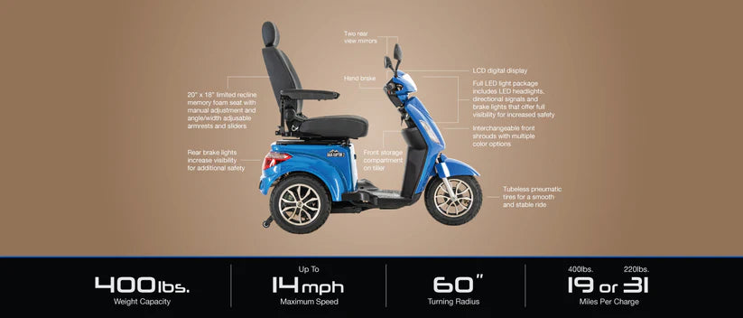 Pride Mobility Baja Raptor 2 blue mobility scooter with ergonomic seat and detailed specifications