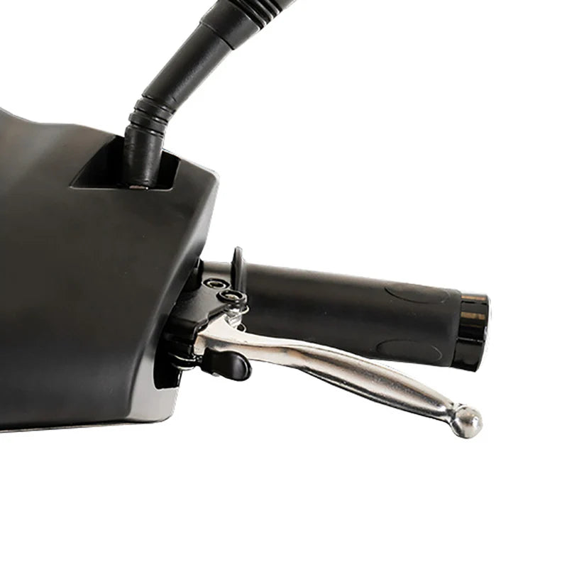 Close-up of the black handlebar brake lever and grip on the Pride Mobility Baja Raptor 2 power wheelchair