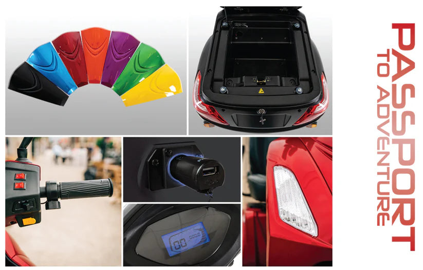 Pride Mobility Baja Raptor 2 power wheelchair with color options, rear storage, handle controls, and LED lighting details