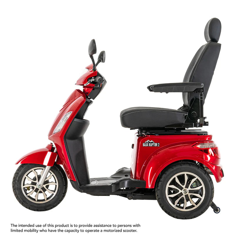 Pride Mobility Baja Raptor 2 red motorized mobility scooter with black seat and armrest