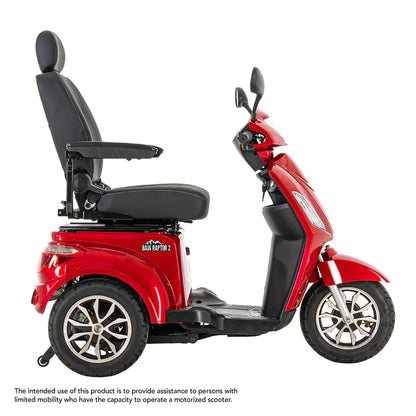 Pride Mobility Baja Raptor 2 red three-wheeled mobility scooter with cushioned seat and armrests