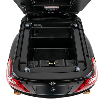 Open rear storage compartment of Pride Mobility Baja Raptor 2 with black interior and locking mechanism