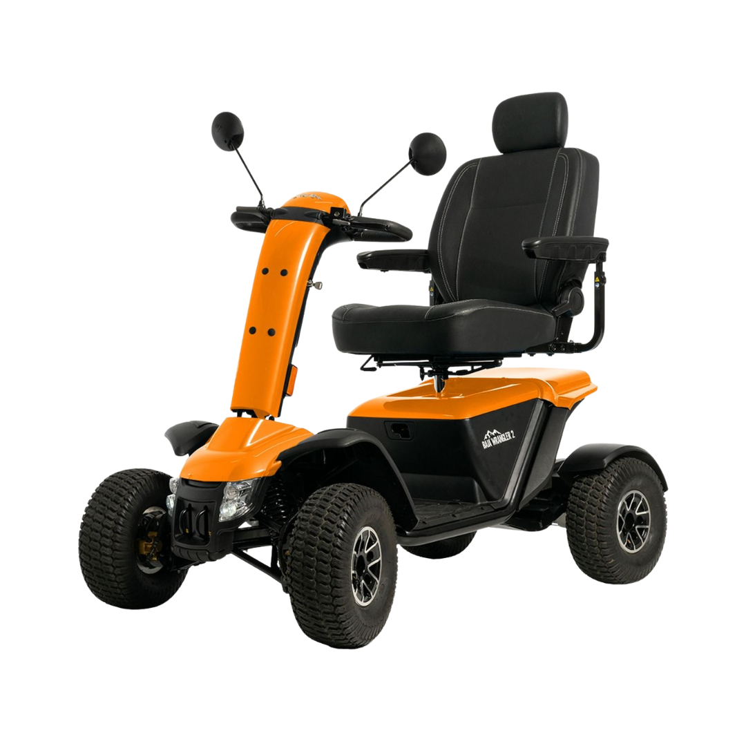 Pride Mobility Baja Wrangler 2 orange and black mobility scooter with four large wheels and cushioned seat