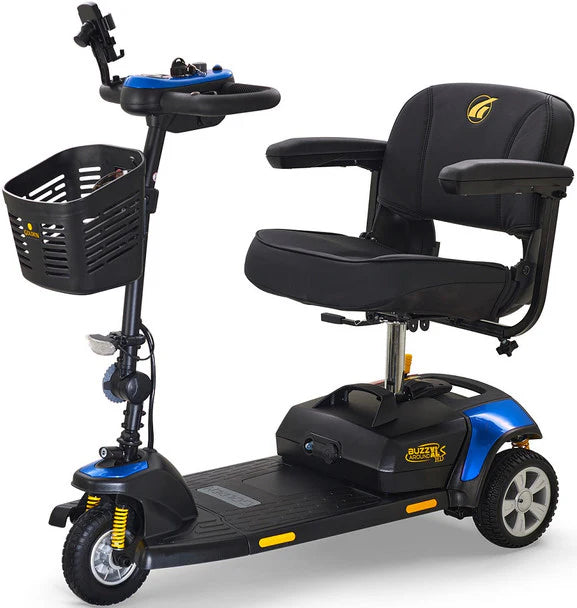 Golden Technologies Buzzaround XLS-HD 3-Wheel mobility scooter with black seat and front basket