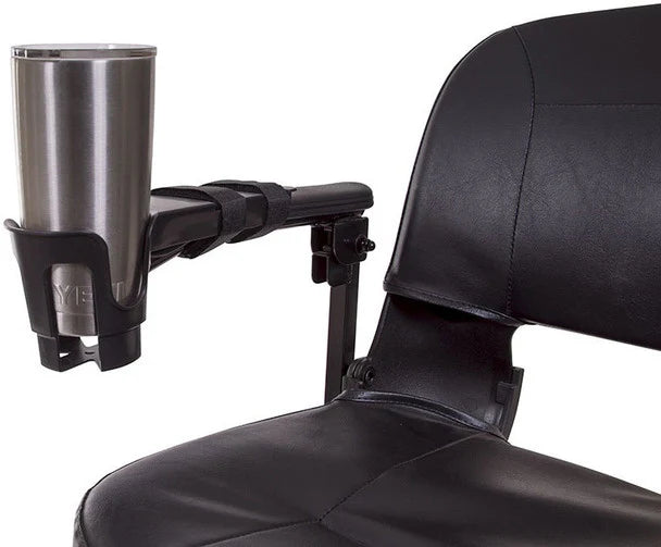 Buzzaround EX Extreme mobility scooter black leather seat with attached cup holder holding stainless steel tumbler