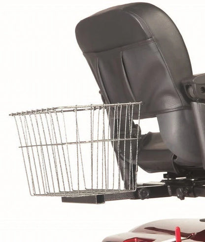 Metal wire storage basket attached to the back of a Golden Technologies Buzzaround EX Extreme mobility scooter seat