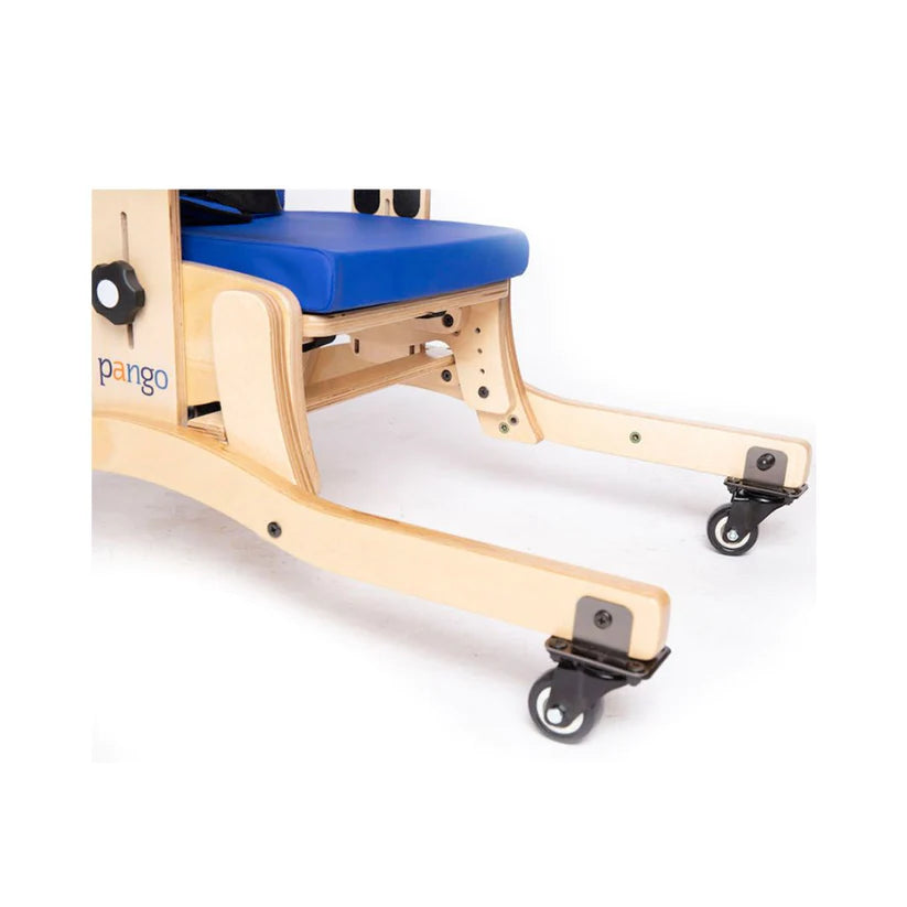 Pango Activity Classroom Chair by Circle Specialty with blue cushioned seat and wooden frame on wheels