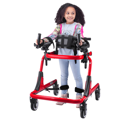 Child using a red Circle Specialty Pivot Gait Trainer with supportive harness and adjustable handles