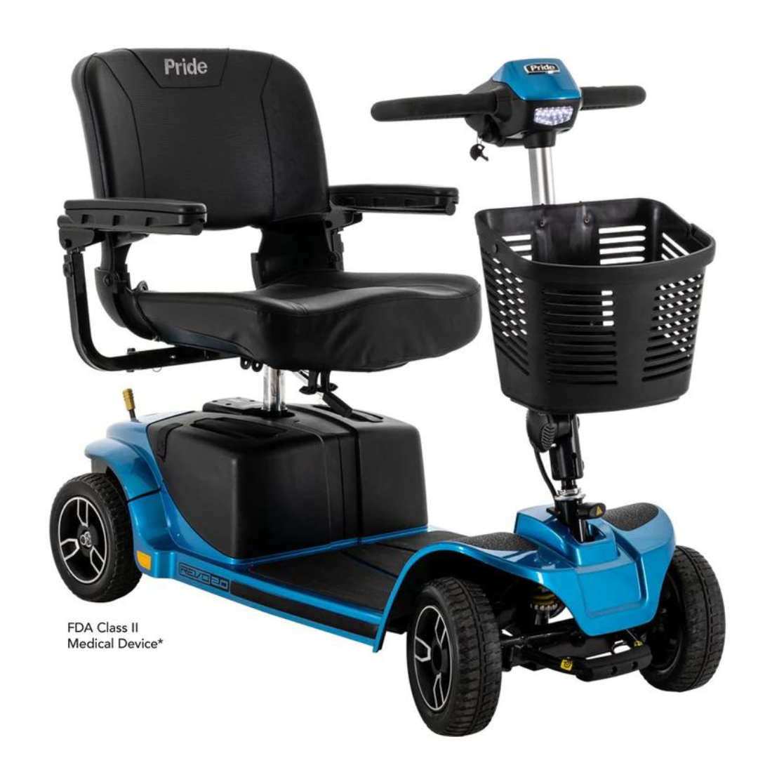 Pride Revo 2.0 4 Wheel Electric Mobility Scooter in blue with black seat and front basket