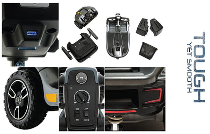 Pride Revo 2.0 4 Wheel Electric Mobility Scooter showing parts, controls, and rugged tires