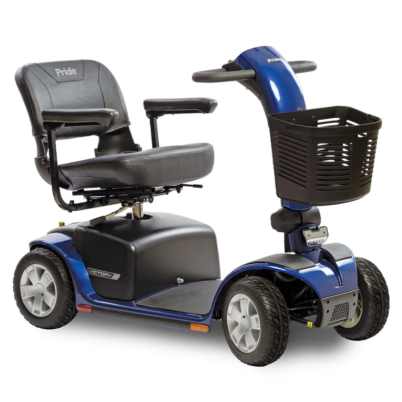 Pride Mobility Victory 10 4 Wheel Mobility Scooter in blue with black seat and front basket