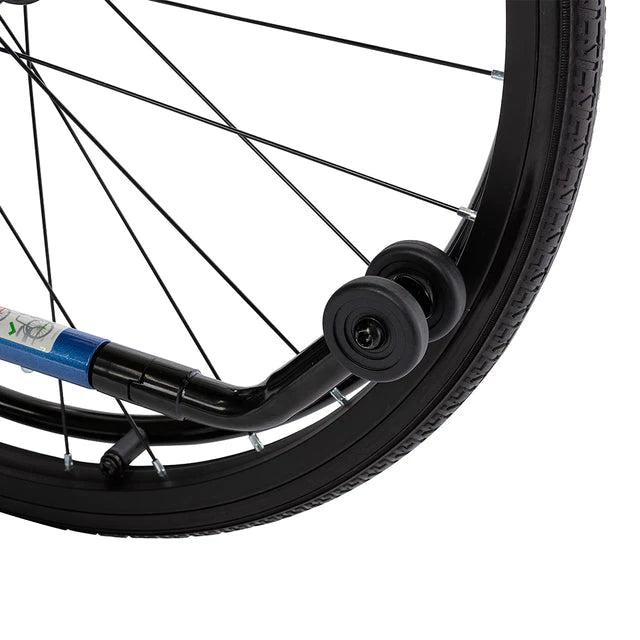 Close-up of the wheel and flip mechanism on the STRONGBACK 24 Flip Wheelchair by Strongback Mobility